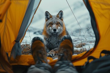 Fototapeta premium Fox encounter from inside an orange tent