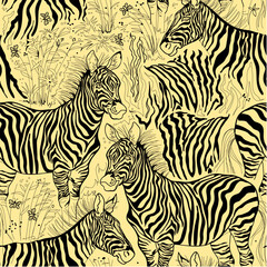Seamless pattern ornament. Fantasy abstract background. Hand-drawn illustration of stylized zebras. Print for fabric, embroidery, wrapping, carpet, wallpaper. Monochrome decor. Vector drawing