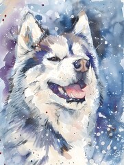 Whimsical Watercolor Husky With Playful Winter Expression