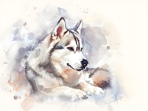 Whimsical Watercolor Husky Portrait in Snowy Winter Wonderland