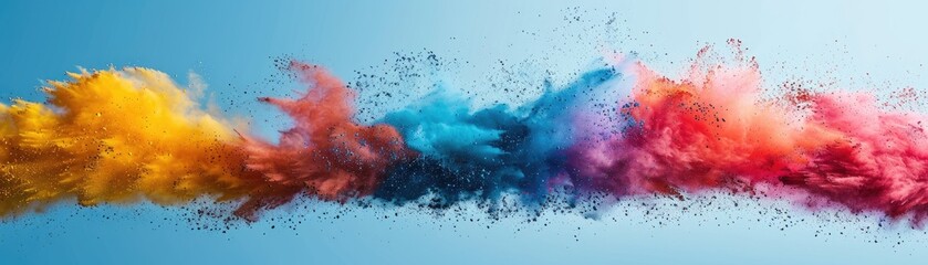 Dynamic Display: A Vibrant Color Powder Explosion Contrasting Against the Blue Sky in Holi