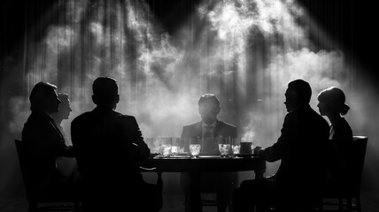 Black and white illustration of a secret meeting, a group of business people sitting at a table in the smoke. Mafia. Silhouettes of office workers.
