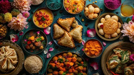 Joyous Banquet: Festive Table Set-Up for a Vibrant Holi Celebration Feast - obrazy, fototapety, plakaty