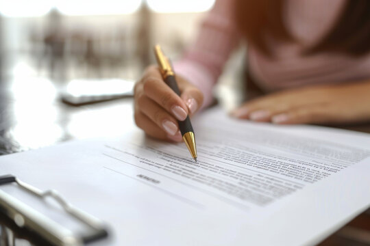 femme relisant et ratifiant un document papier faisant office de contrat &eacute;crit