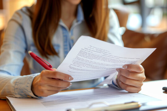 femme relisant et ratifiant un document papier faisant office de contrat &eacute;crit