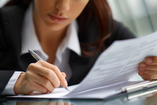 femme relisant et ratifiant un document papier faisant office de contrat &eacute;crit
