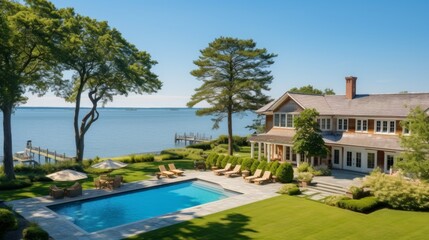 Fototapeta premium Mediterranean inspired villa with a sprawling garden and a private beach access in the exclusive Hamptons, New York