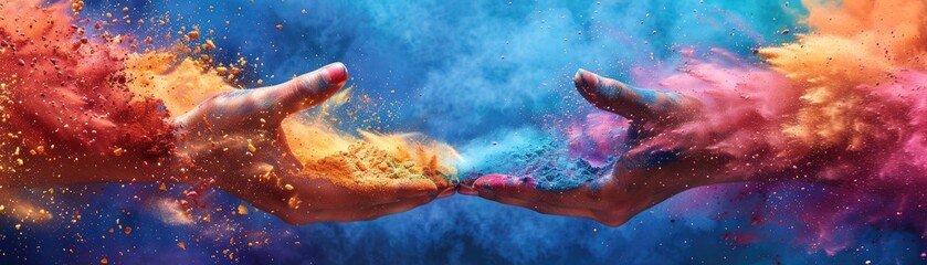 Colorful Cascade: Hands Scatter Holi Powder into the Air in Celebration