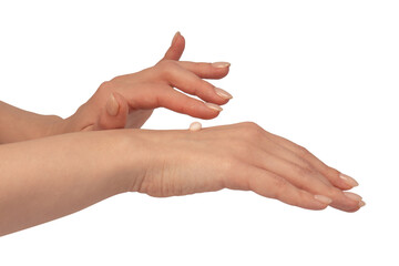 Beige cream tube in woman hands isolated on a white background. Cream swatch on woman hand.