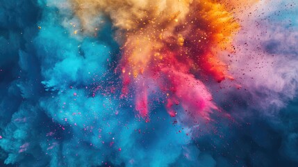 Fototapeta na wymiar Dazzling Display: Vibrant Clouds of Holi Powder Stand Out Against the Blue Sky