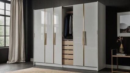The image features a white wardrobe with gold handles on the doors. The wardrobe has six doors and is situated in a room with black walls. There is a window to the left of the wardrobe and a rug on th