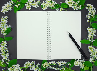  White notebook with blank sheets with bird cherry flowers on a grey background. Top view, copy space, flat lay.	