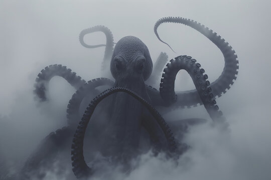 A giant octopus or kraken emerges with its tentacles from the fog in the city. The concept of an alien or giant creature attack from the depths. In the style of news photography from the scene.