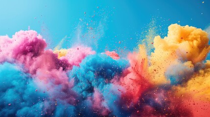Dynamic Scene: Witnessing the Explosion of Colorful Powder Set Against the Sky - obrazy, fototapety, plakaty