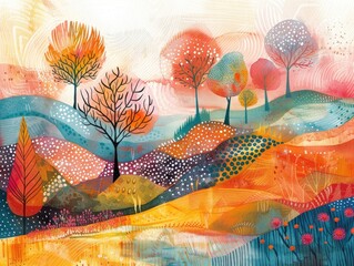 Abstract Colorful Trees and Hills Painting