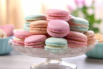 Obraz premium Colourful macarons dessert on plate for selling premium dessert on restaurant elegant blurred background.