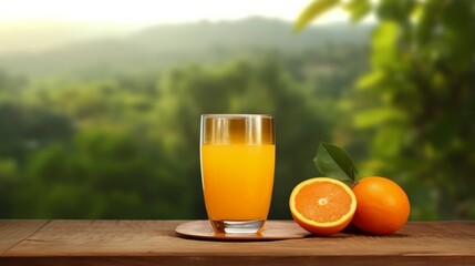 Orange juice in glass and fresh orange on blur green nature background,with copy space for beverage in summertime.