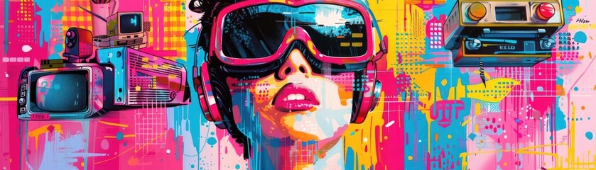 Vibrant Retro Pop Art Collage with Female Figure - obrazy, fototapety, plakaty