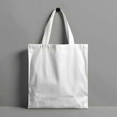 White tote bag hanging on hook in Electric blue font against gray wall