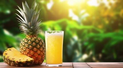 Pineapple juice in glass and fresh pineapple on blur green nature background,with copy space for beverage in summertime.