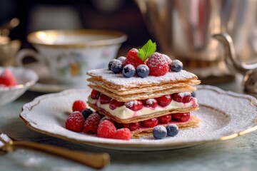 Mille-Feuille dessert on plate for selling premium dessert on restaurant elegant blurred background.