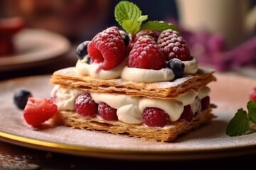 Mille-Feuille dessert on plate for selling premium dessert on restaurant elegant blurred background.