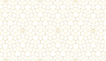Geometric Arabesque ornament seamless pattern with golden flowers and stars. Islamic gold lines scrollwork background. Luxury royal Vintage Art Deco vector illustration  - obrazy, fototapety, plakaty
