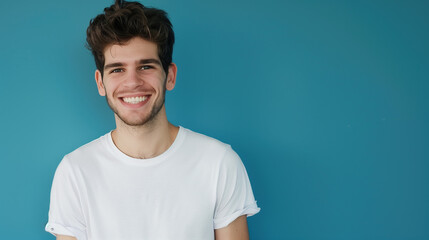 Smiling young caucasian man wearing white t-shirt, isolated on blue background