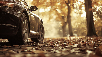 A real photo edited in sepia tones showcasing a car parked at an outdoor lot, with autumn foliage in the background, conveying a sense of change and renewal in the automotive industry - obrazy, fototapety, plakaty