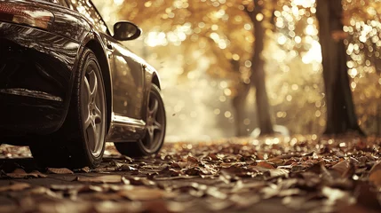 Fotobehang A real photo edited in sepia tones showcasing a car parked at an outdoor lot, with autumn foliage in the background, conveying a sense of change and renewal in the automotive industry © Ajit