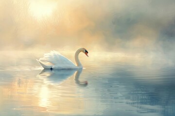 A graceful swan on a tranquil lake at dawn, its reflection captured in the smooth strokes of oil paints