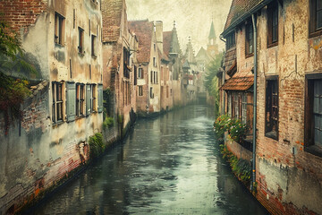 Canal in a Medieval Town.  Generated Image.  A digital rendering of a canal in a European town dating from medieval era.