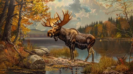 A robust moose standing by a lake, its antlers grand in the natural beauty of oil painting