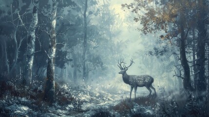 A serene scene of a deer in a misty forest, brought to life with the depth and texture of oil painting - obrazy, fototapety, plakaty