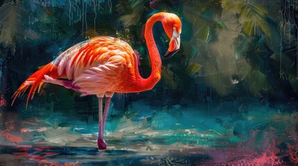 A vibrant flamingo standing in shallow water, its pink feathers glowing in the oil paints
