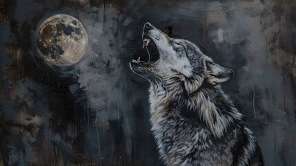 A spirited wolf howling at the moon, its fur a mix of grays and whites in the mystery of oil paints