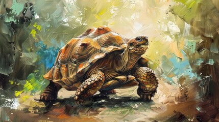 A wise tortoise plodding along a path, its shell textured in the slow strokes of oil paints - obrazy, fototapety, plakaty