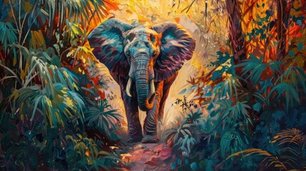 An oil painting of an elephant wandering through a lush jungle, captured in rich, vibrant colors