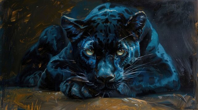A sleek panther lurking in the shadows, its coat a mix of deep blacks and blues in oil paint