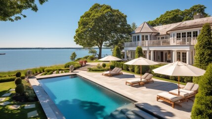 Fototapeta premium Mediterranean inspired villa with a sprawling garden and a private beach access in the exclusive Hamptons, New York