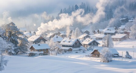 Fototapeta na wymiar Snow-blanketed rural village, with smoke rising from chimneys and snow-covered roofs adding to the postcard-perfect winter wonderland.