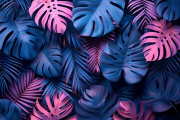 Blue tropical seamless pattern with exotic palm leaves forest on pink background.