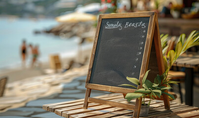 A restaurant shop A-frame mock up sign or menu boards standing in summer beach - 774199956