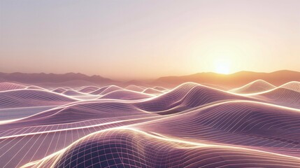 Futuristic Digital Landscape: Neon Grid Lines Over Desert Dunes at Sunset, Copy Space