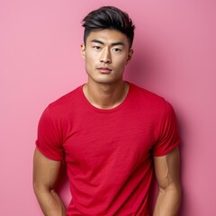 Studio photo of a handsome Asian man in a T-shirt.