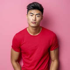 Obraz premium Studio photo of a handsome Asian man in a T-shirt.
