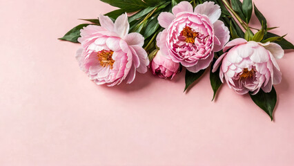 Tender peonies on pink background. Delicate spring flowers with green leaves. Abstract romantic feminine composition. International Women day, Mother Day concept. Top view. Copy space.