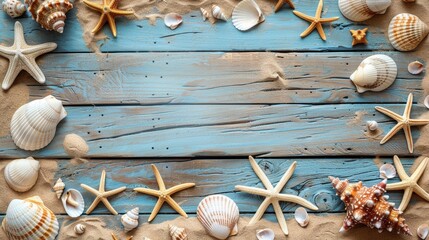 Background with free space, wooden slats with shells, starfish and sand. The concept of a vacation at sea.