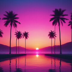 Fototapeta na wymiar sunset over the sea, post modern, chill background, neon light