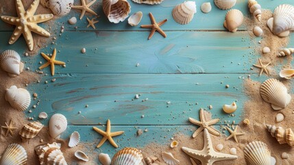 Background with free space, wooden slats with shells, starfish and sand. The concept of a vacation at sea. - obrazy, fototapety, plakaty